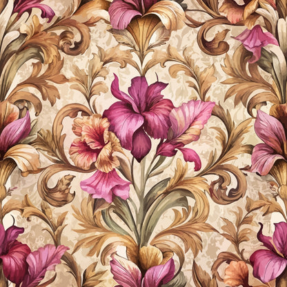 baroque florals, ornate scrollwork, burgundy flowers, mauve petals, golden brown swirls, cream background, decorative acanthus, vintage pattern, quilting cotton, fabric panel, floral motifs, rococo style, elegant design, pink lilies, ornamental leaves, textile art, sophisticated palette, flowing curves, botanical elements, luxurious feel