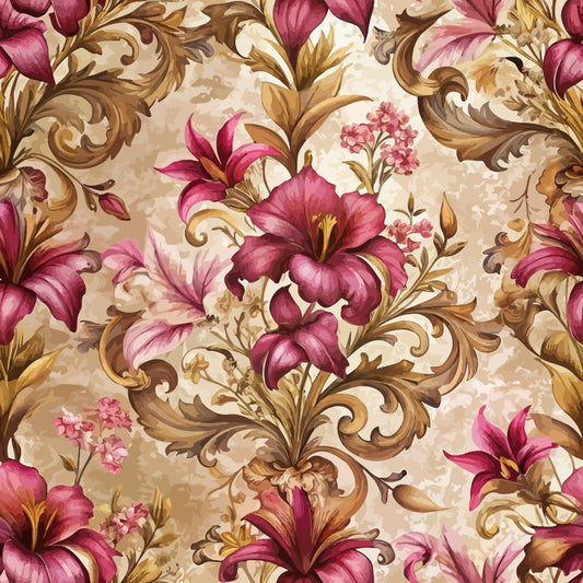 baroque florals, burgundy flowers, pink lilies, golden scrollwork, ornate acanthus, cream background, decorative swirls, vintage floral, elaborate petals, small pink blooms, brown foliage, quilting cotton, fabric panel, romantic style, luxurious pattern, botanical design, flowing vines, detailed stamens