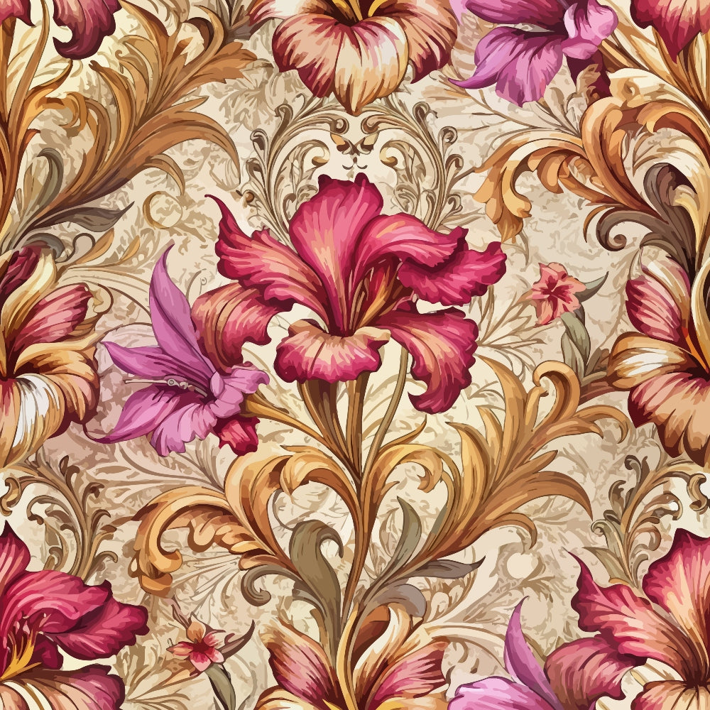 burgundy, magenta, gold, cream, baroque pattern, ornate florals, lily flowers, scrollwork, acanthus leaves, decorative swirls, vintage style, elegant design, quilting cotton, fabric panel, rich colors, floral motifs, renaissance inspired, luxurious pattern, botanical elements, ornamental design