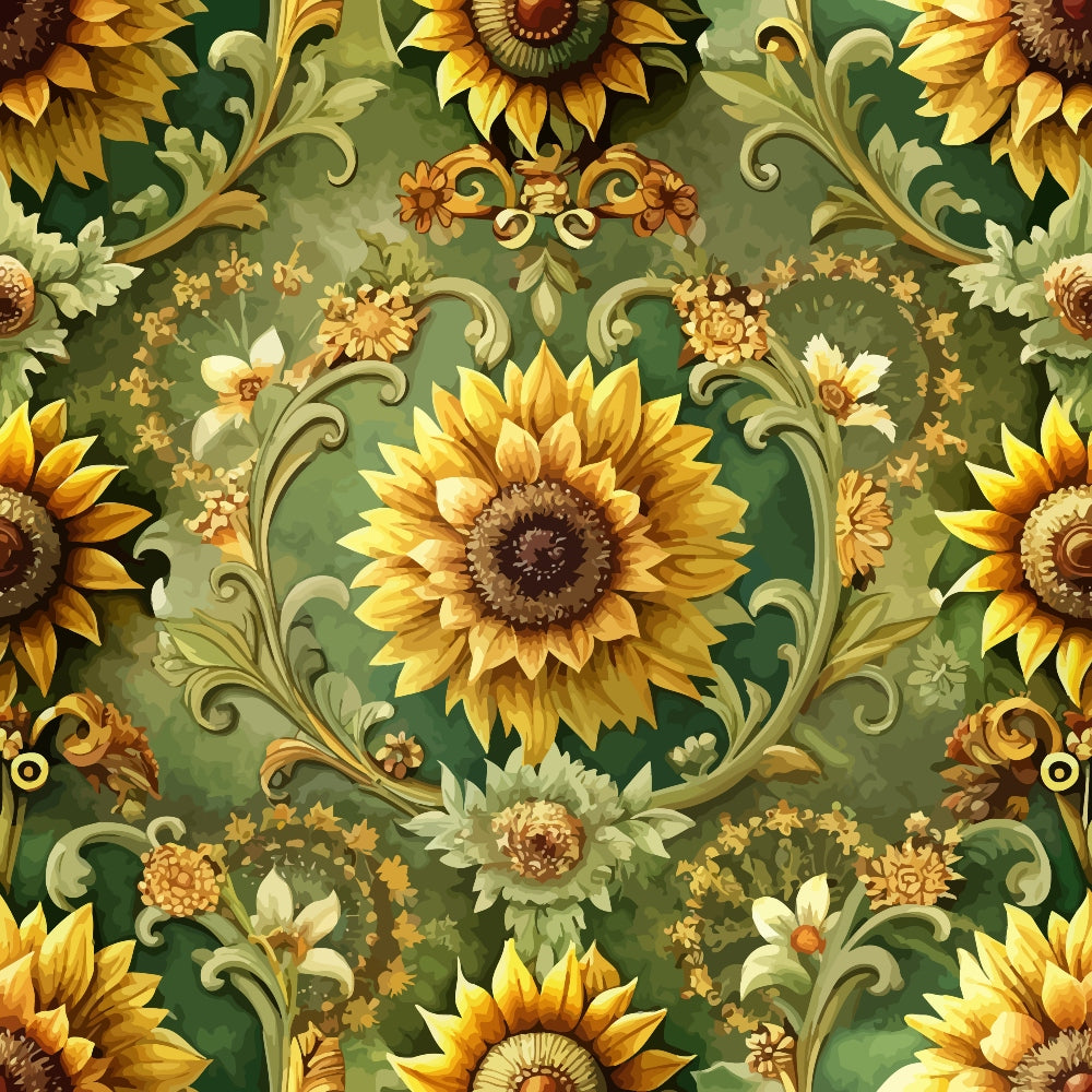 sunflowers, baroque pattern, golden yellow, forest green, ornate scrollwork, floral motif, quilting cotton, fabric panel, decorative swirls, autumn colors, botanical design, repeating pattern, warm tones, olive green, amber, intricate details, victorian style, ornamental flourishes, textile art, damask elements