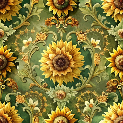 sunflowers, baroque pattern, golden yellow, forest green, ornate scrollwork, floral motif, quilting cotton, fabric panel, decorative swirls, autumn colors, botanical design, repeating pattern, warm tones, olive green, amber, intricate details, victorian style, ornamental flourishes, textile art, damask elements