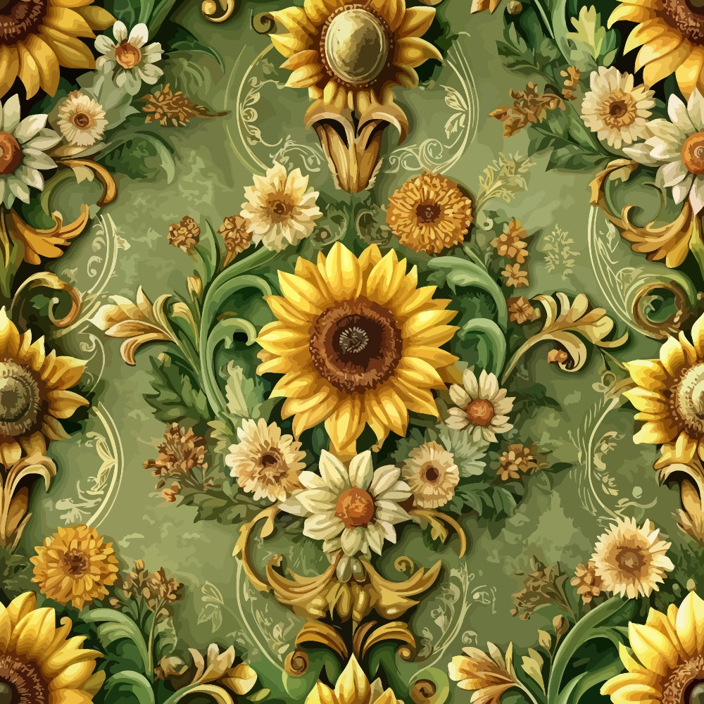 golden yellow, sage green, cream white, baroque pattern, ornate florals, sunflowers, daisies, decorative scrollwork, vintage style, elegant design, quilting cotton, fabric panel, floral motifs, intricate details, warm tones, botanical elements, ornamental swirls, luxurious pattern, earthy palette