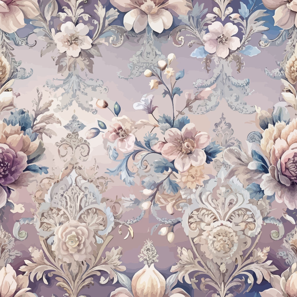 mauve, dusty rose, powder blue, sage green, cream, baroque pattern, ornate florals, damask design, vintage flowers, decorative scrollwork, romantic blooms, pastel palette, ornamental motifs, quilting cotton, fabric panel, elegant florals, soft tones, intricate details, layered petals, flowing vines