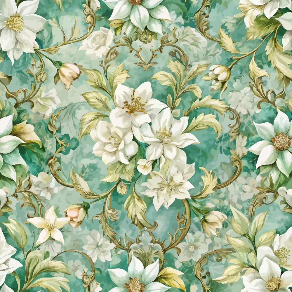 A seamless floral pattern featuring large white flowers with green leaves and ornate swirling stems on a light teal background. The design has a vintage, decorative style.