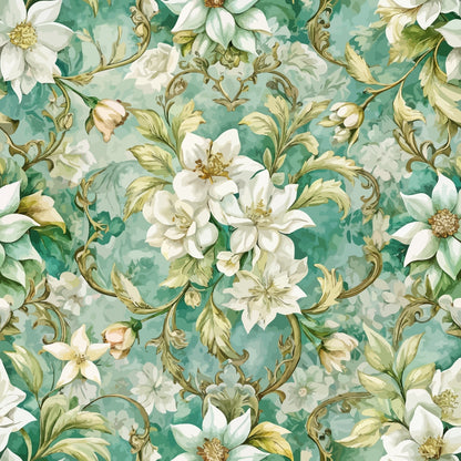 A seamless floral pattern featuring large white flowers with green leaves and ornate swirling stems on a light teal background. The design has a vintage, decorative style.