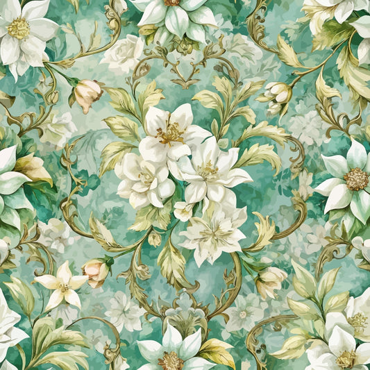 A seamless floral pattern featuring large white flowers with green leaves and ornate swirling stems on a light teal background. The design has a vintage, decorative style.