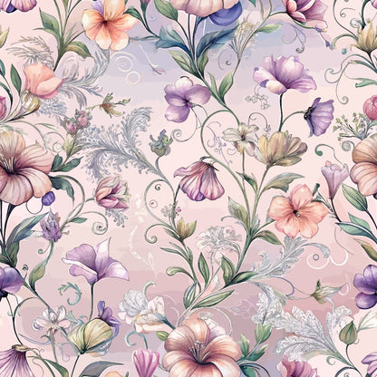 A seamless pattern featuring detailed pastel flowers and leaves on a light pink background, with various shades of purple, peach, and green, creating an elegant and intricate floral design.