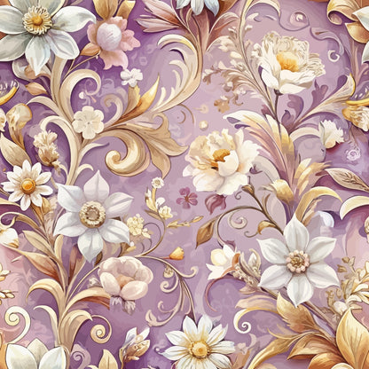 lavender, purple, cream, white, gold, baroque florals, ornate scrollwork, decorative swirls, peony flowers, daisy blooms, elegant pattern, vintage style, quilting cotton, fabric panel, romantic mood, flowing vines, intricate details, soft pastels, floral motifs, ornamental design