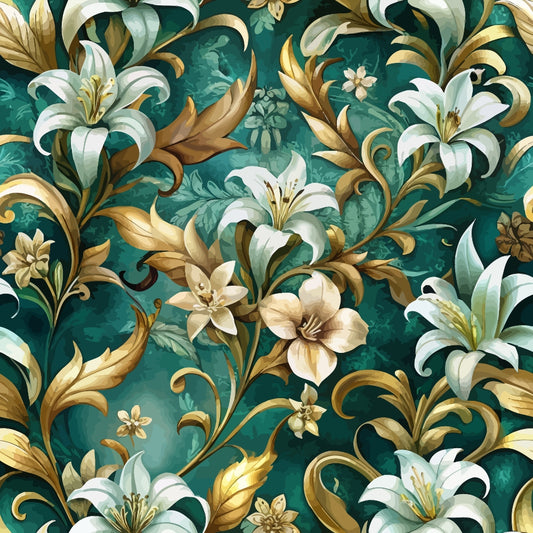 A seamless pattern featuring white and gold lilies with green and gold leaves on a dark teal background. The design is ornate and symmetrical, giving a classic, elegant look.