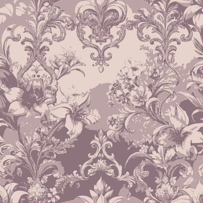 mauve, dusty rose, lavender, baroque pattern, ornate florals, damask design, scrollwork, acanthus leaves, vintage style, elegant motifs, quilting cotton, fabric panel, decorative swirls, floral medallions, romantic aesthetic, muted tones, intricate details, rococo influence, botanical elements, feminine palette