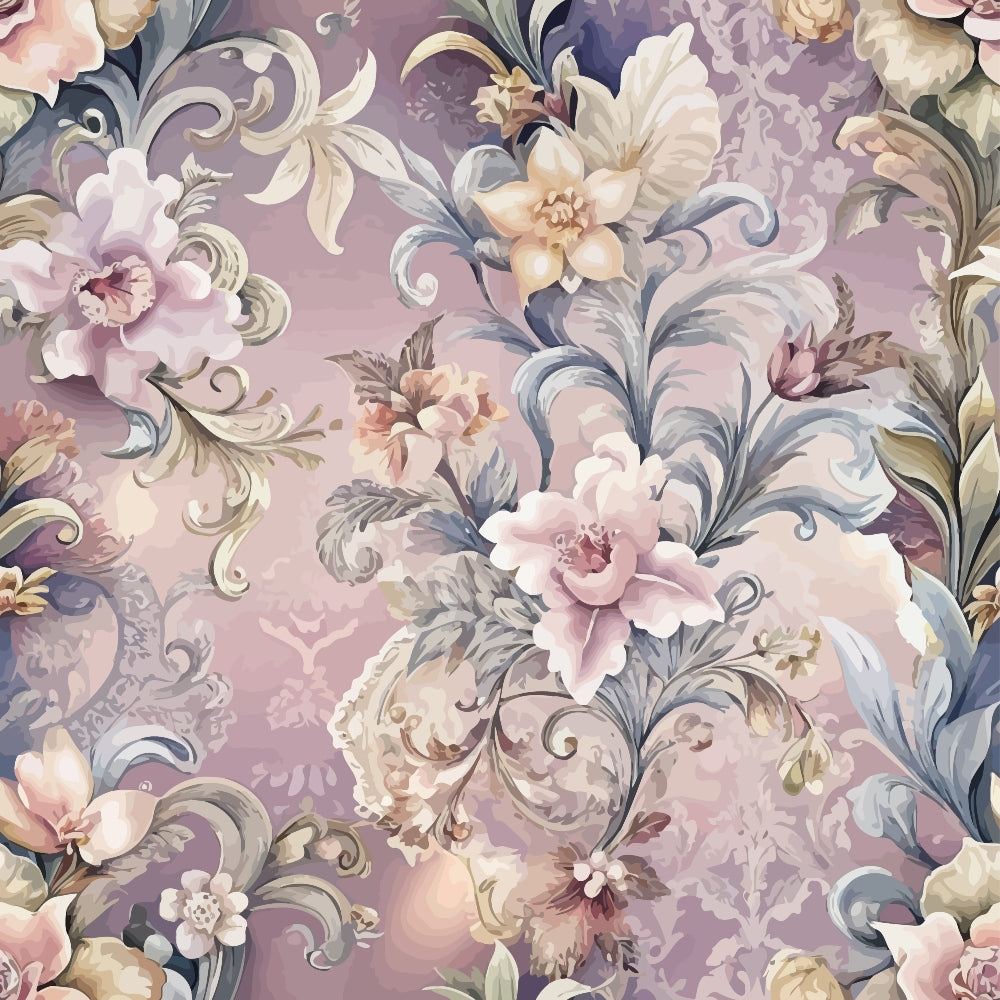 mauve, dusty rose, sage green, cream, baroque florals, ornate scrollwork, decorative flowers, vintage pattern, elegant swirls, acanthus leaves, romantic style, soft pastels, quilting cotton, fabric panel, floral motifs, rococo inspired, delicate blooms, muted tones, sophisticated design, textile art