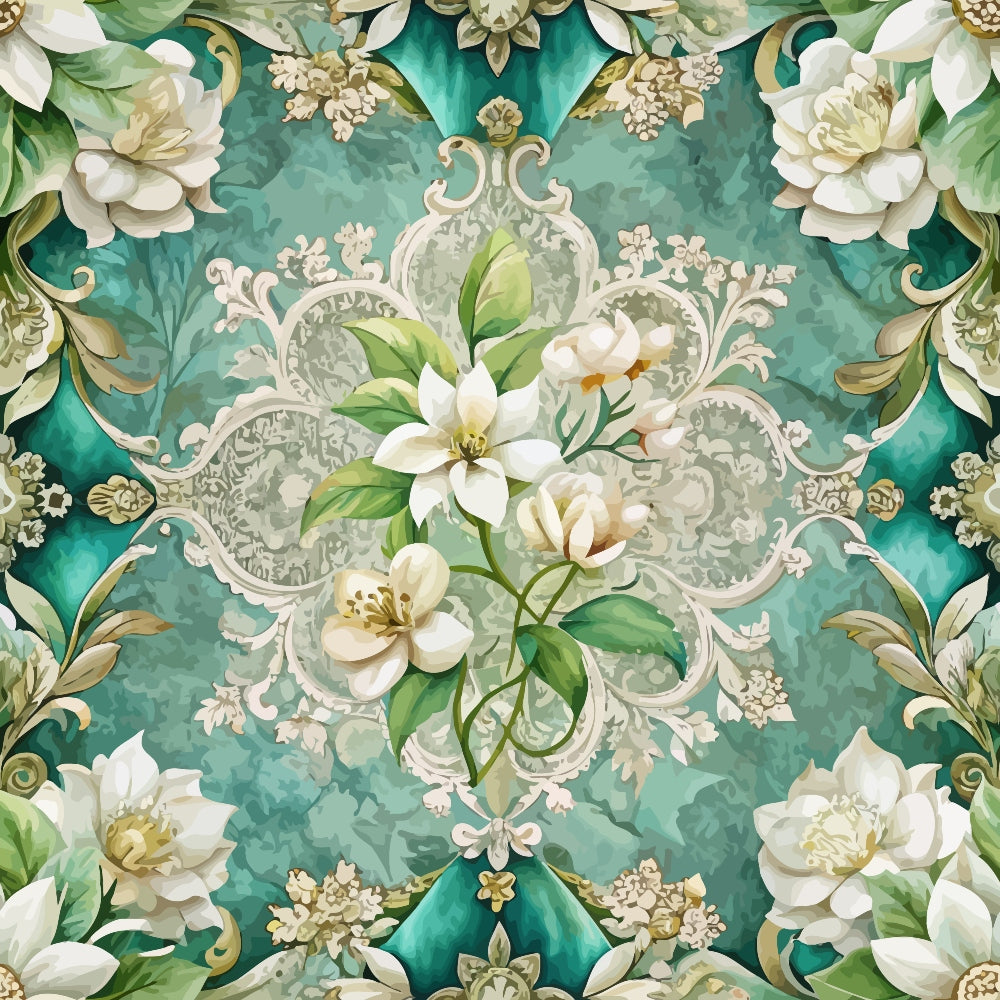 baroque florals, quilting cotton, fabric panel, turquoise background, white flowers, cream blooms, green leaves, ornate scrollwork, decorative swirls, floral motifs, botanical design, elegant pattern, vintage style, aqua blue, ivory petals, flowing vines, ornamental border, rococo elements, sophisticated florals, luxurious design