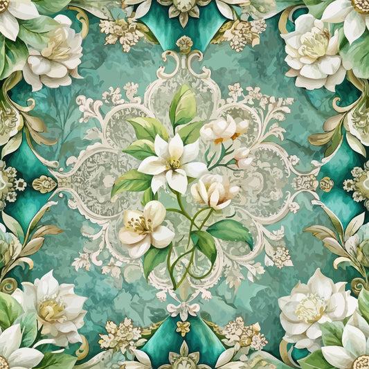 baroque florals, quilting cotton, fabric panel, turquoise background, white flowers, cream blooms, green leaves, ornate scrollwork, decorative swirls, floral motifs, botanical design, elegant pattern, vintage style, aqua blue, ivory petals, flowing vines, ornamental border, rococo elements, sophisticated florals, luxurious design