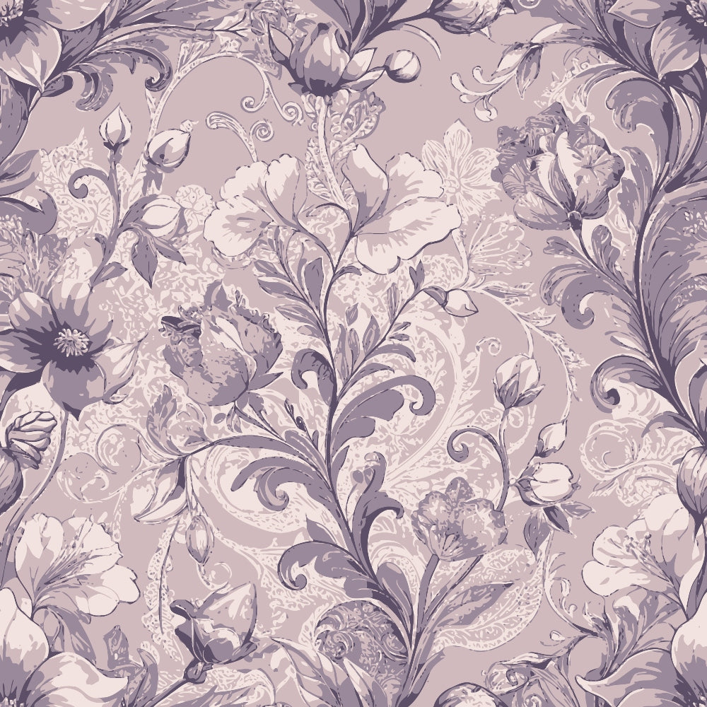 mauve, dusty rose, lavender, purple tones, baroque pattern, ornate florals, scrollwork, acanthus leaves, damask design, vintage style, elegant motif, decorative swirls, botanical elements, monochromatic palette, quilting cotton, fabric panel, ornamental design, rococo influence, floral damask, intricate details