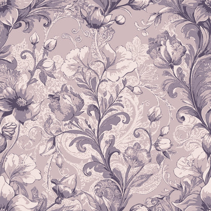mauve, dusty rose, lavender, purple tones, baroque pattern, ornate florals, scrollwork, acanthus leaves, damask design, vintage style, elegant motif, decorative swirls, botanical elements, monochromatic palette, quilting cotton, fabric panel, ornamental design, rococo influence, floral damask, intricate details