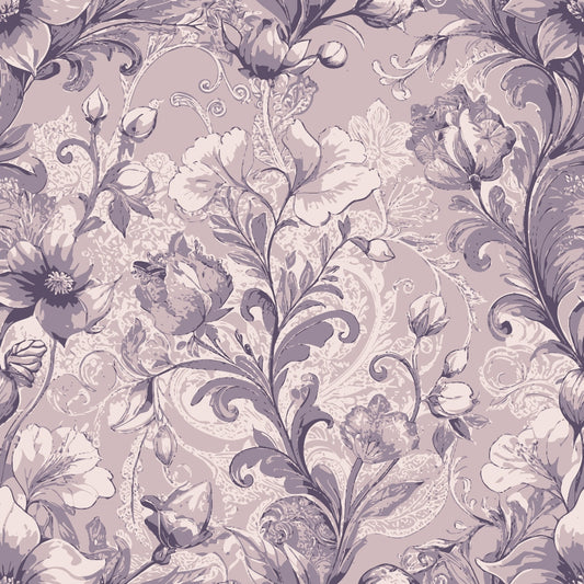 mauve, dusty rose, lavender, purple tones, baroque pattern, ornate florals, scrollwork, acanthus leaves, damask design, vintage style, elegant motif, decorative swirls, botanical elements, monochromatic palette, quilting cotton, fabric panel, ornamental design, rococo influence, floral damask, intricate details