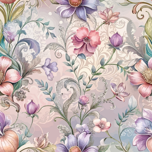 A seamless floral pattern featuring various detailed flowers and leaves in pastel shades of pink, purple, blue, and green, set against a softly textured, light background with subtle decorative swirls.