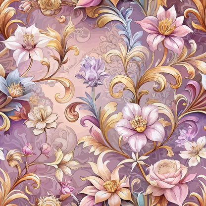 purple, lavender, mauve, gold, cream, baroque florals, ornate flowers, scrollwork, decorative swirls, lilies, roses, floral motifs, vintage style, elegant pattern, quilting cotton, fabric panel, ornamental design, romantic flowers, soft pastels, intricate details