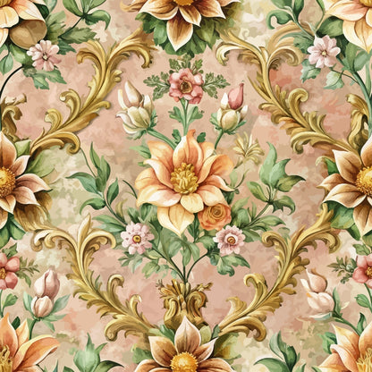 baroque florals, ornate scrollwork, peach background, coral flowers, cream blooms, green leaves, gold flourishes, decorative swirls, vintage pattern, elegant motifs, quilting cotton, fabric panel, floral damask, ornamental design, romantic style, soft pastels, botanical elements, seamless repeat