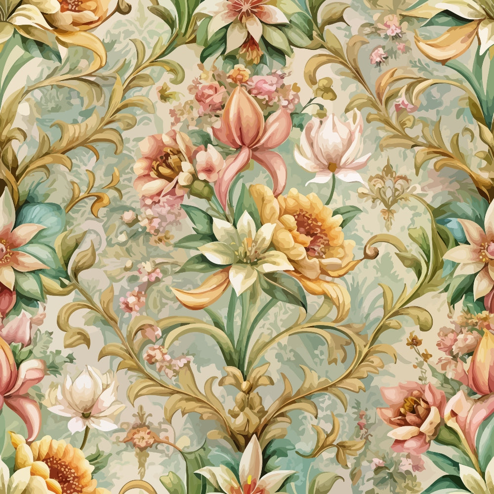 baroque florals, sage green, coral pink, golden yellow, cream, ornate scrollwork, vintage flowers, lilies, peonies, decorative swirls, romantic pattern, elegant motifs, quilting cotton, fabric panel, soft pastels, floral damask, victorian style, botanical design, seamless repeat, luxurious blooms