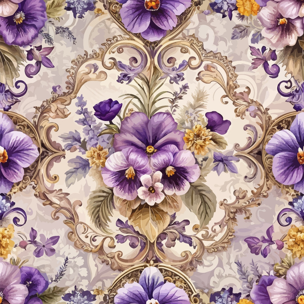 purple flowers, lavender blooms, baroque ornaments, decorative scrollwork, floral damask, ornate cartouche, gold accents, cream background, pansy motifs, vintage flourishes, rococo style, elegant swirls, botanical design, quilting cotton, fabric panel, romantic florals, dusty rose, antique styling, repeating pattern