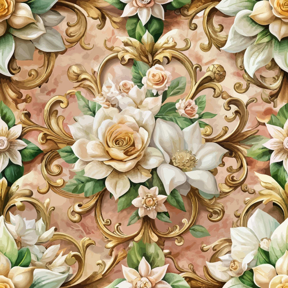baroque florals, ornate scrollwork, cream roses, white magnolias, peach background, gold accents, green leaves, decorative swirls, elegant pattern, vintage style, quilting cotton, fabric panel, floral motifs, romantic design, soft pastels, intricate details, botanical elements, damask style, luxurious feel