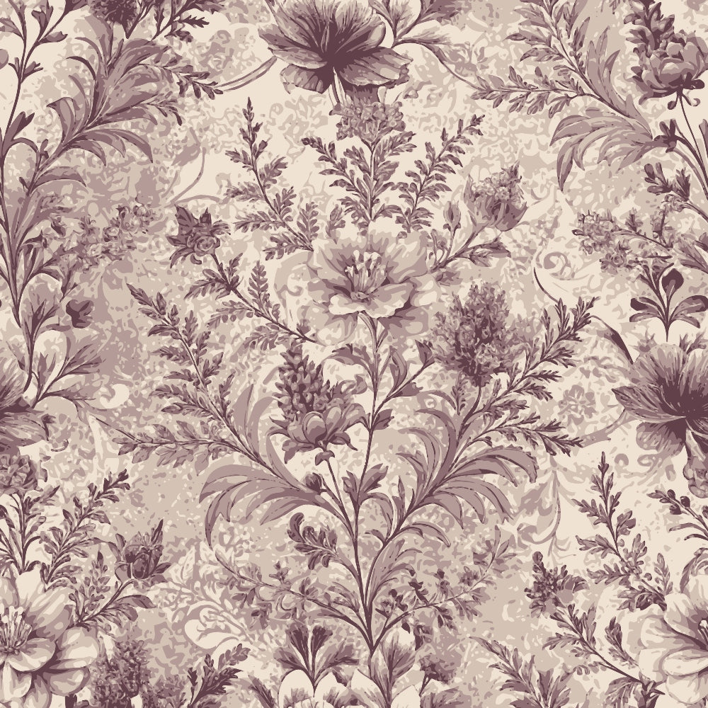 mauve, dusty rose, cream, beige, baroque florals, ornate flowers, botanical motifs, vintage pattern, elegant design, quilting cotton, fabric panel, floral vines, decorative leaves, romantic style, soft tones, intricate details, flowing stems, ornamental blooms, sophisticated pattern, muted palette
