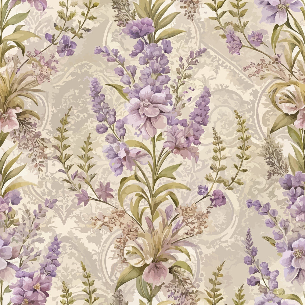 lavender, purple flowers, sage green, cream background, baroque pattern, ornate scrollwork, floral motif, damask design, quilting cotton, fabric panel, vintage style, elegant florals, decorative swirls, botanical print, muted tones, romantic pattern, textile design, repeating motif, soft pastels