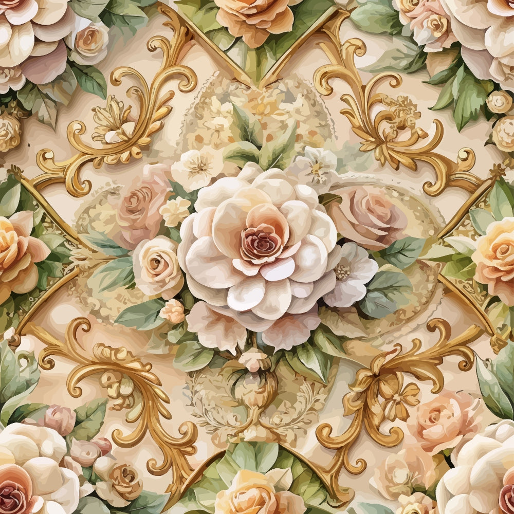 baroque florals, ornate scrollwork, cream background, blush pink roses, peachy roses, sage green leaves, gold ornamental details, vintage floral pattern, rococo style, elegant flowers, quilting cotton, fabric panel, romantic florals, decorative swirls, soft pastels, luxurious design, botanical motifs, layered petals, intricate details