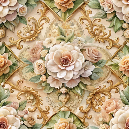 baroque florals, ornate scrollwork, cream background, blush pink roses, peachy roses, sage green leaves, gold ornamental details, vintage floral pattern, rococo style, elegant flowers, quilting cotton, fabric panel, romantic florals, decorative swirls, soft pastels, luxurious design, botanical motifs, layered petals, intricate details