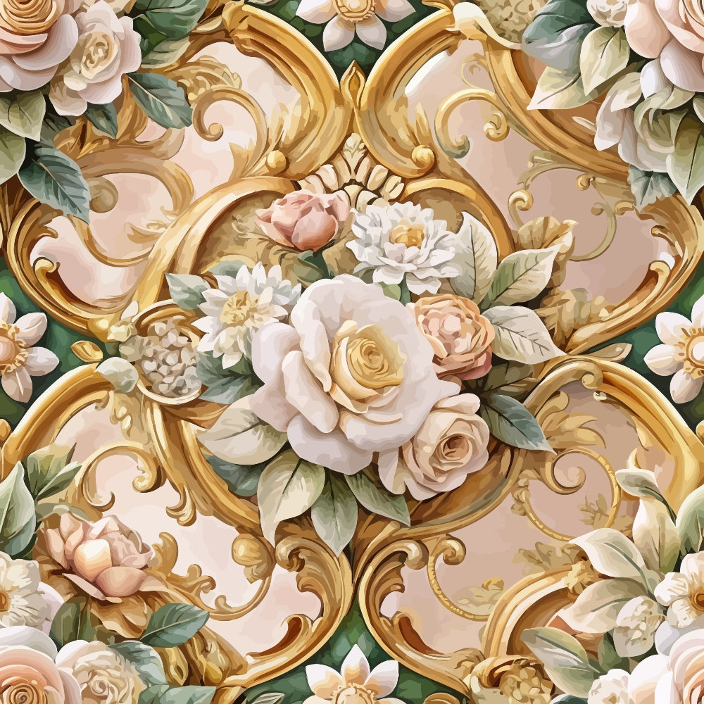 baroque florals, ornate scrollwork, cream roses, blush pink flowers, golden scrolls, sage green leaves, ivory background, decorative flourishes, vintage botanical, romantic floral, quilting cotton, fabric panel, elegant swirls, soft pastels, luxurious design, rococo style, dimensional flowers, graceful curves, sophisticated pattern
