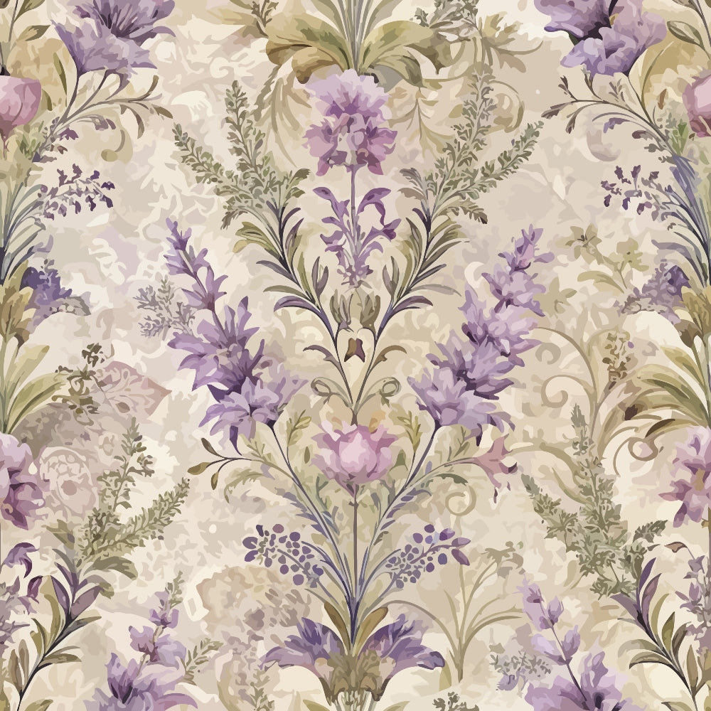 lavender, purple, sage green, cream, beige, baroque pattern, floral motif, ornate scrollwork, damask design, vintage style, elegant florals, decorative leaves, swirling vines, botanical print, quilting cotton, fabric panel, romantic mood, soft pastels, intricate details, repeating pattern