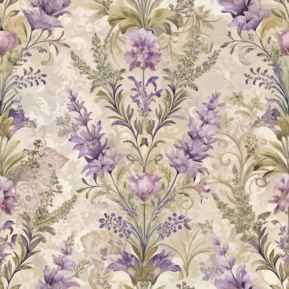 lavender, purple, sage green, cream, beige, baroque pattern, floral motif, ornate scrollwork, damask design, vintage style, elegant florals, decorative leaves, swirling vines, botanical print, quilting cotton, fabric panel, romantic mood, soft pastels, intricate details, repeating pattern