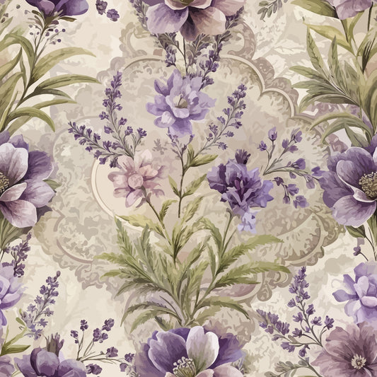 Seamless floral pattern with purple and lavender flowers, green leaves, and ornate decorative elements on a light beige background. The design features large and small blossoms arranged in a repeating motif.