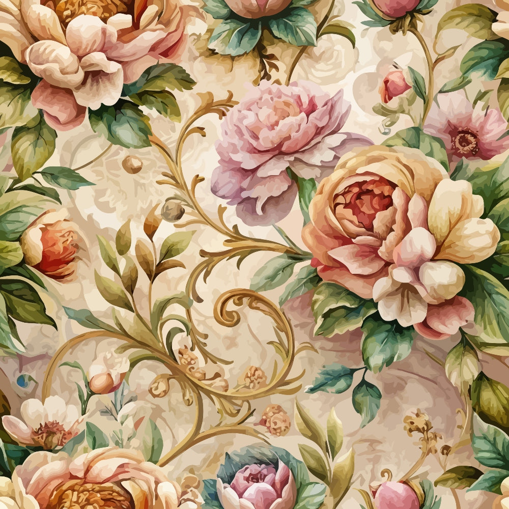 baroque florals, quilting cotton, fabric panel, pink roses, peach flowers, coral blooms, green leaves, ornate scrollwork, vintage pattern, elegant design, botanical motifs, cream background, dusty rose, sage green, decorative flourishes, romantic style, layered petals, flowing vines, soft pastels, seamless repeat