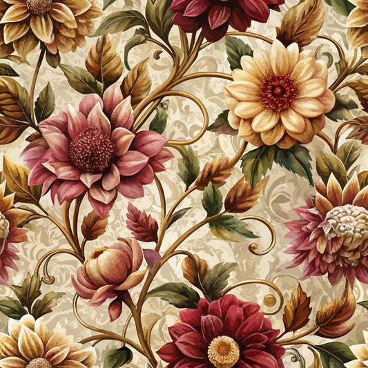 A detailed floral pattern featuring large red, yellow, and cream flowers with green and brown leaves on a beige background with a subtle ornamental design.