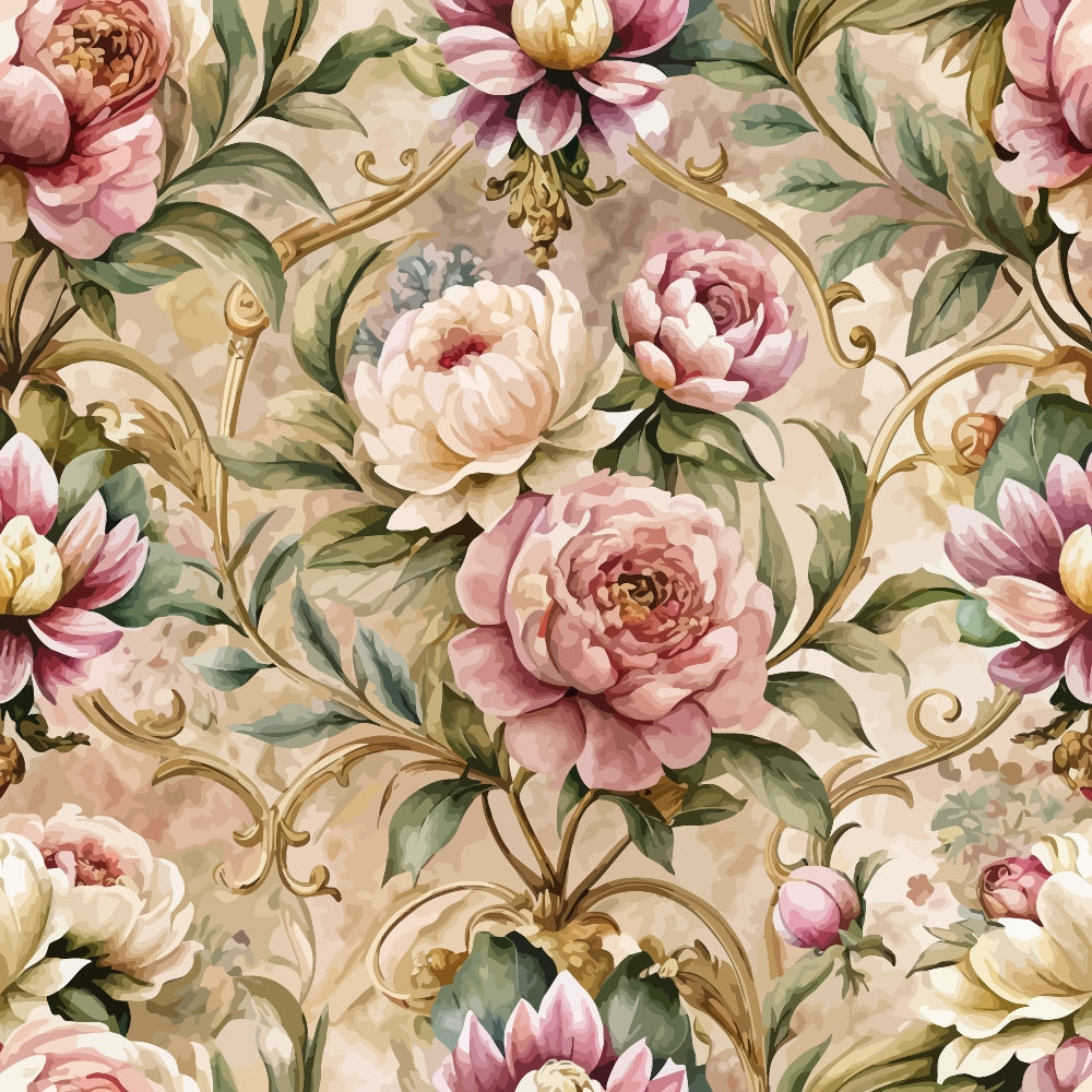 baroque florals, pink roses, cream background, gold scrollwork, ornate pattern, peonies, green leaves, vintage style, romantic design, decorative swirls, blush pink, sage green, botanical motif, elegant flowers, quilting cotton, fabric panel, rococo influence, floral damask, soft pastels, ornamental design
