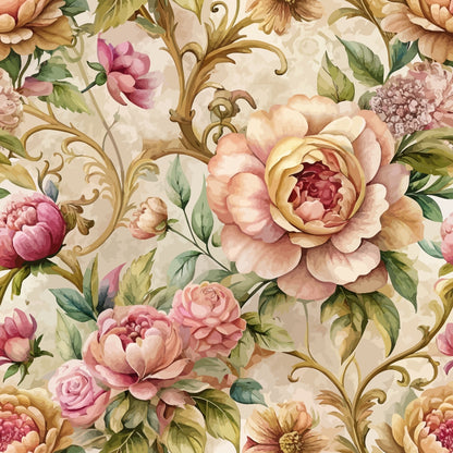 baroque floral, pink roses, peach peonies, coral flowers, sage green leaves, ornate scrollwork, vintage pattern, romantic florals, quilting cotton, fabric panel, watercolor style, botanical design, dusty rose, antique gold, decorative swirls, layered petals, garden flowers, soft pastels, repeating motif