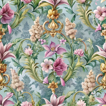 baroque florals, pink flowers, purple blooms, sage green, dusty blue, gold accents, ornate scrollwork, damask pattern, vintage style, botanical motifs, quilting cotton, fabric panel, elegant design, romantic florals, decorative elements, soft pastels, floral vines, ornamental details, rococo inspired