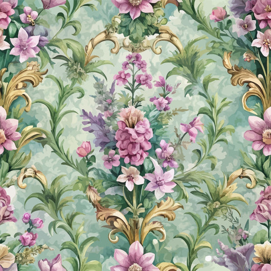 A seamless pattern featuring ornate golden scrolls and detailed pink, purple, and white flowers with green leaves on a soft green background. The design is symmetrical and has a vintage, baroque style.
