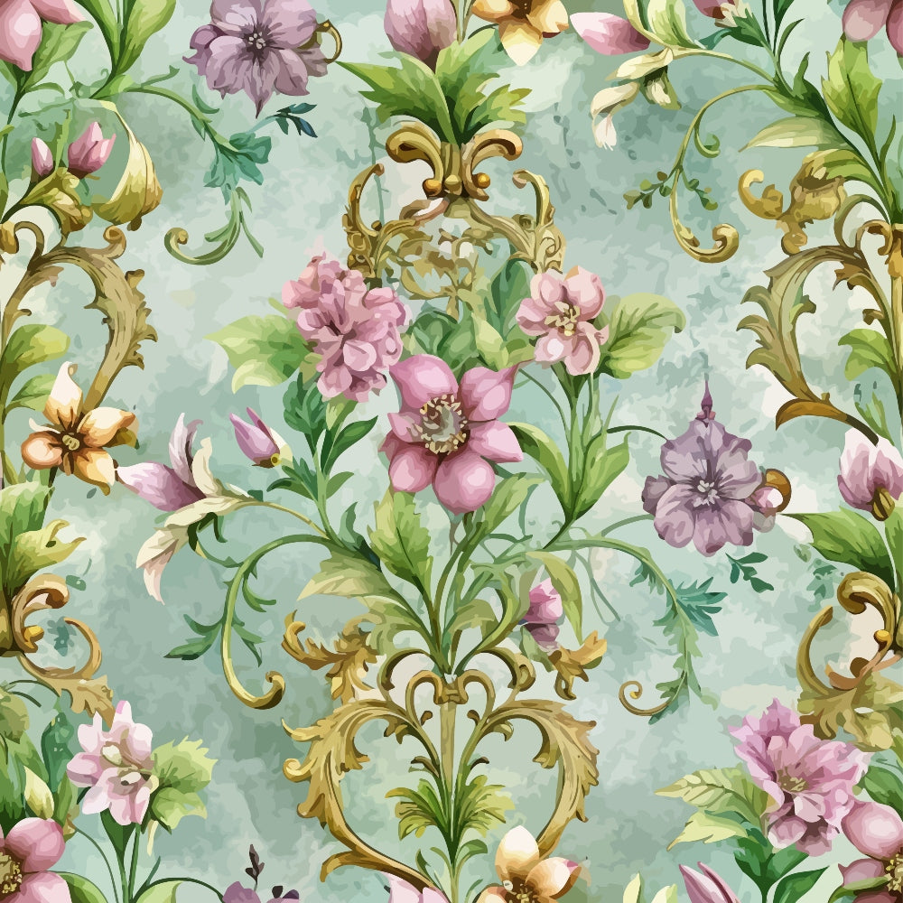 sage green, pink flowers, purple blooms, gold baroque scrolls, ornate flourishes, floral motif, watercolor style, romantic pattern, quilting cotton, fabric panel, botanical design, vintage inspired, soft pastels, decorative swirls, garden flowers, elegant design, repeating pattern, cotton fabric