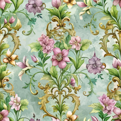 sage green, pink flowers, purple blooms, gold baroque scrolls, ornate flourishes, floral motif, watercolor style, romantic pattern, quilting cotton, fabric panel, botanical design, vintage inspired, soft pastels, decorative swirls, garden flowers, elegant design, repeating pattern, cotton fabric
