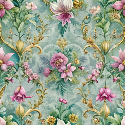 sage green, dusty pink, golden yellow, baroque florals, ornate scrollwork, magnolia flowers, pink roses, decorative swirls, vintage botanical, romantic floral, quilting cotton, fabric panel, spring flowers, pastel palette, elegant pattern, flowing vines, delicate blooms, rococo style, soft watercolor, repeating motif