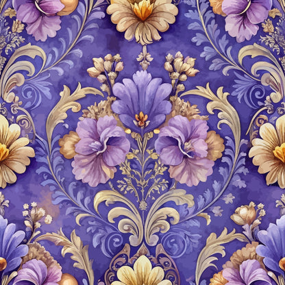 purple, lavender, cream, gold, baroque pattern, ornate florals, damask design, scrollwork, acanthus leaves, decorative motifs, quilting cotton, fabric panel, elegant style, luxurious, ornamental, symmetrical design, floral medallions, vintage inspired, sophisticated, rich colors