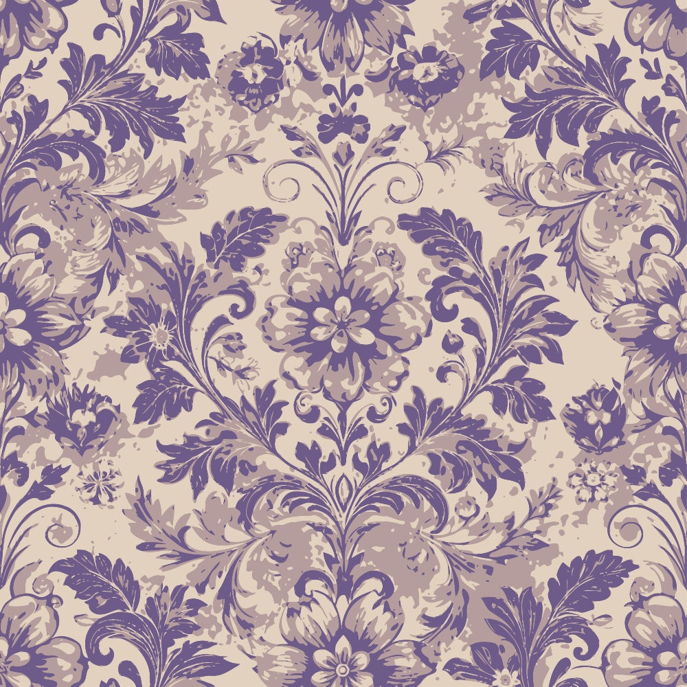 purple, lavender, cream, beige, baroque pattern, ornate florals, damask design, scrollwork, acanthus leaves, decorative motifs, vintage style, elegant pattern, quilting cotton, fabric panel, intricate details, symmetrical design, formal florals, rococo elements, luxurious pattern, repeating motif