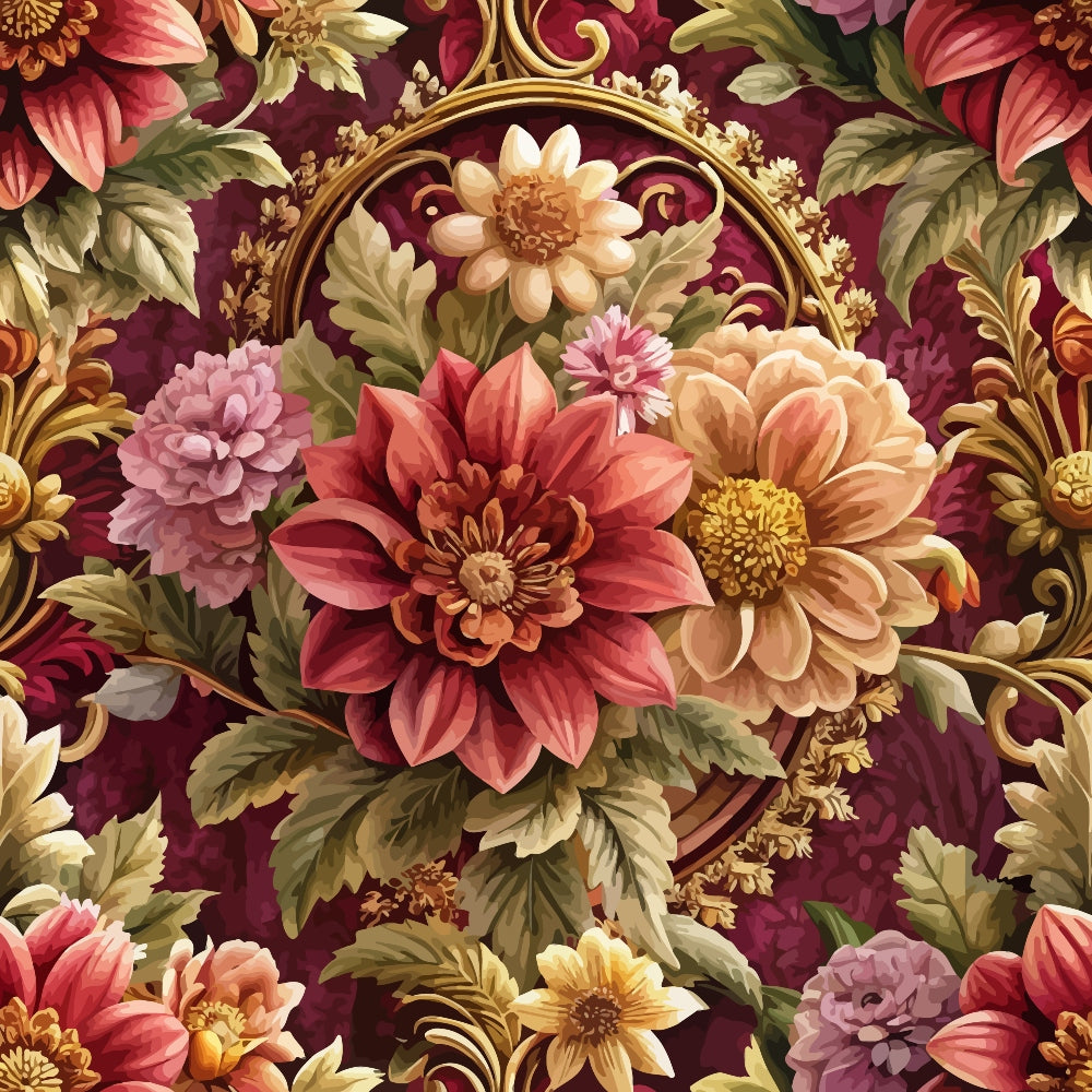 burgundy, maroon, coral, peach, gold, ornate florals, baroque pattern, decorative scrollwork, dahlia flowers, layered petals, vintage botanical, elegant motifs, quilting cotton, fabric panel, rich colors, ornamental design, floral bouquets, luxurious style, dimensional flowers, autumn tones