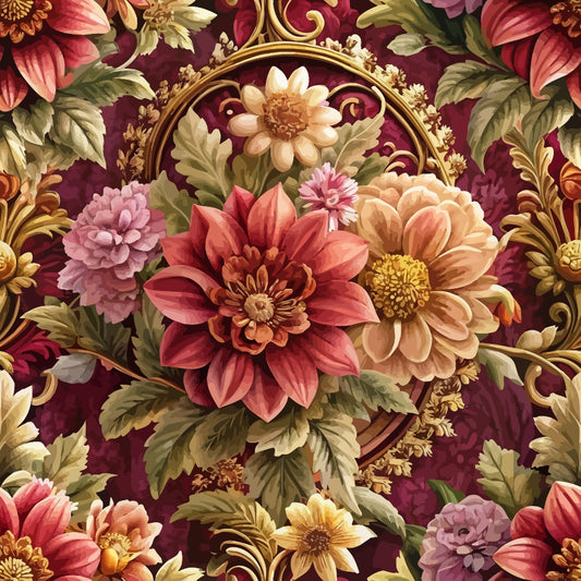 burgundy, maroon, coral, peach, gold, ornate florals, baroque pattern, decorative scrollwork, dahlia flowers, layered petals, vintage botanical, elegant motifs, quilting cotton, fabric panel, rich colors, ornamental design, floral bouquets, luxurious style, dimensional flowers, autumn tones
