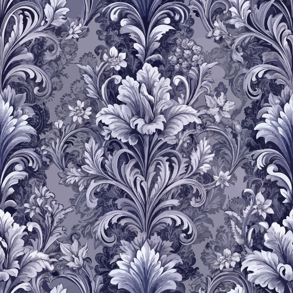 baroque florals, purple, lavender, gray, white, ornate scrollwork, damask pattern, acanthus leaves, decorative swirls, monochromatic, elegant motifs, quilting cotton, fabric panel, vintage style, formal design, intricate details, flowing vines, luxurious pattern, textile design