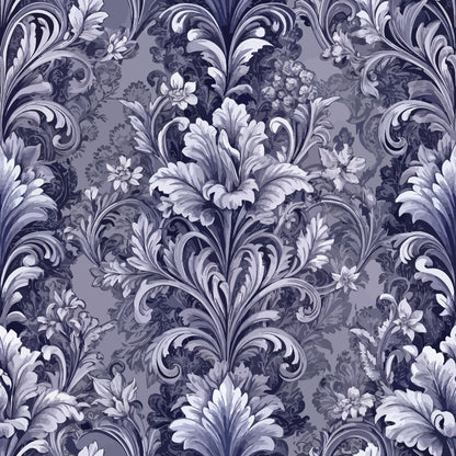 baroque florals, purple, lavender, gray, white, ornate scrollwork, damask pattern, acanthus leaves, decorative swirls, monochromatic, elegant motifs, quilting cotton, fabric panel, vintage style, formal design, intricate details, flowing vines, luxurious pattern, textile design
