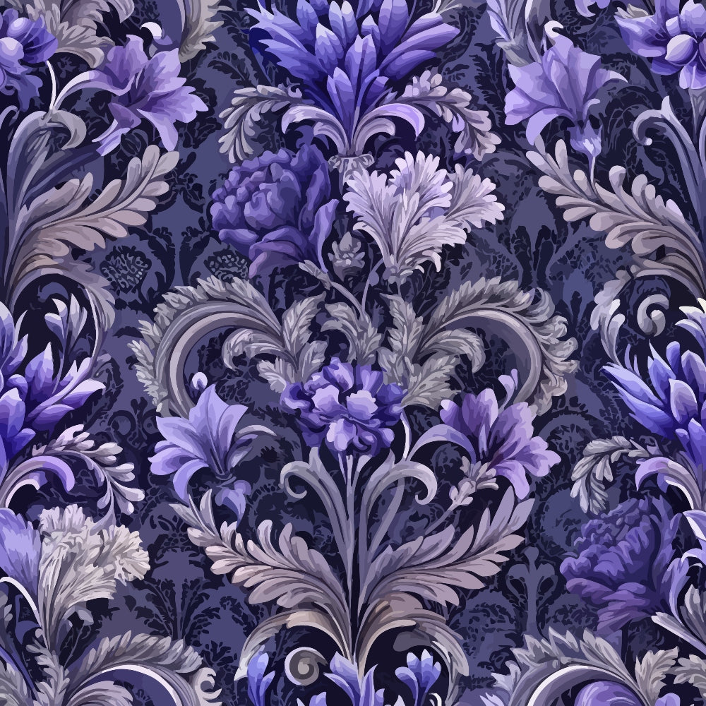 purple, lavender, deep violet, navy blue, gray, baroque pattern, ornate florals, damask design, scrollwork, acanthus leaves, decorative swirls, elegant motifs, luxurious pattern, vintage style, quilting cotton, fabric panel, rich textures, formal design, intricate details, regal aesthetic